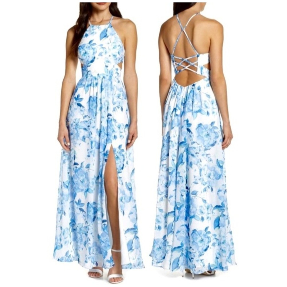 NEW Morgan & Co Floral Formal Maxi Dress Blue White Size 3